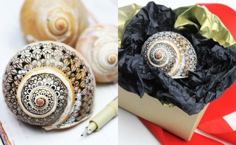 Remeslo so škrupinami slimákov-mandala-farbenie-zdobenie-nápad na darček