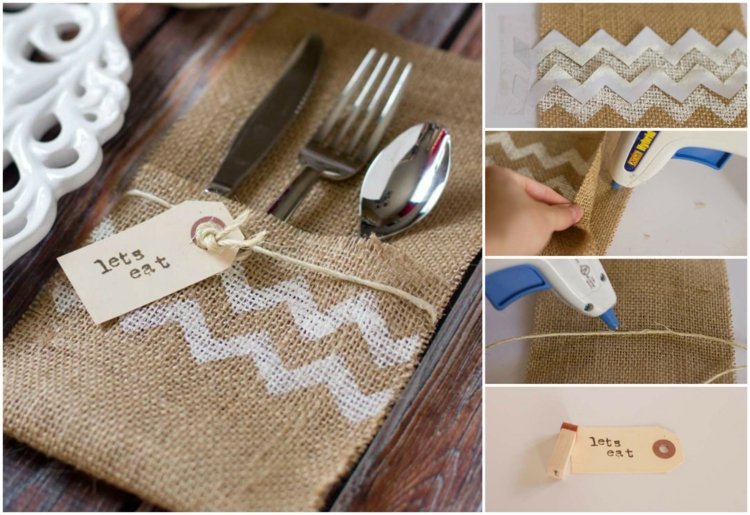 Výroba z látky bez šitia vrecka na príbor-juta-hnedá-biela-lepiaca pištoľ-hnedý papierik