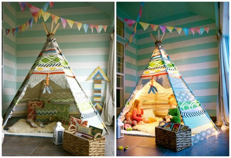 Remeselná výroba z látky bez šitia tipi-stan-drevené lamely-farebná látka-zvyšky-vankúše-biely-kožušinový koberec