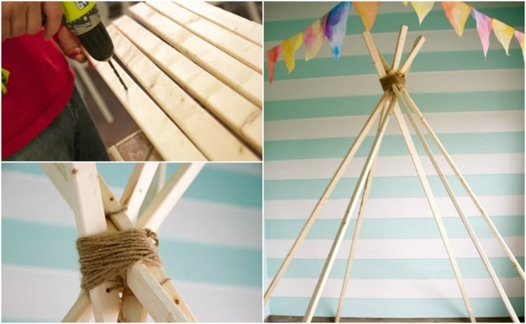 Drotárstvo s látkou bez šitia tipi-stan-drevo-laty-vŕtacie-lanové-konštrukcie