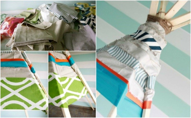 Remeselná výroba z látky bez šitia, špičky, stan, pestrofarebné textílie, útržky, viazanie, drevené lamely