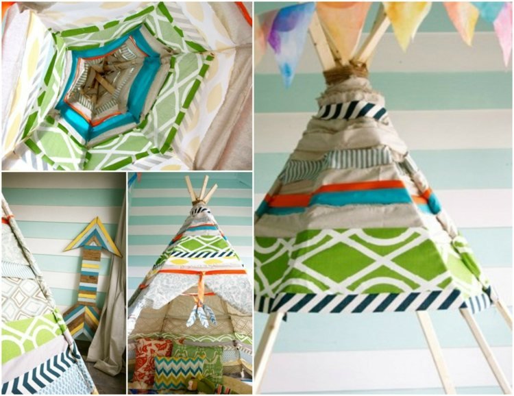 drotárska tkanina-bez-šitia-tipi-stan-farebná-zvyšky látky-drevená konštrukcia