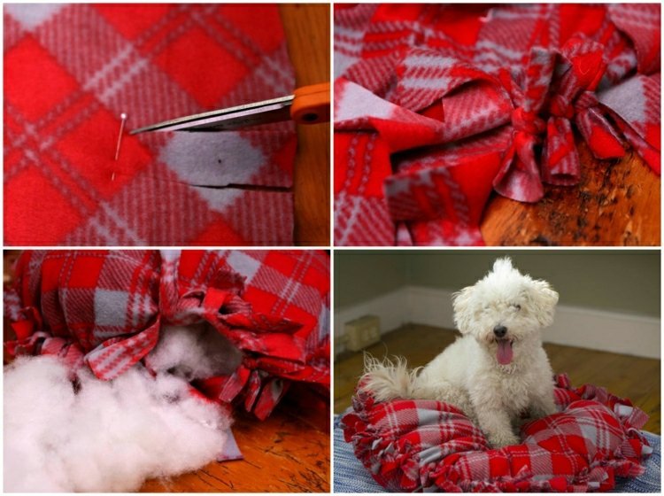 tinker-tkanina-bez-šitia-fleece-psie lôžko-sivá-červená-kockovaná-vata