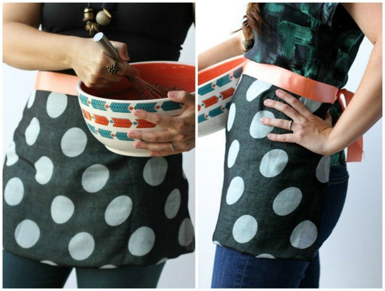 drotárska tkanina-bez-šijacej-zástery-čierno-biele-bodky-oranžová-stuha