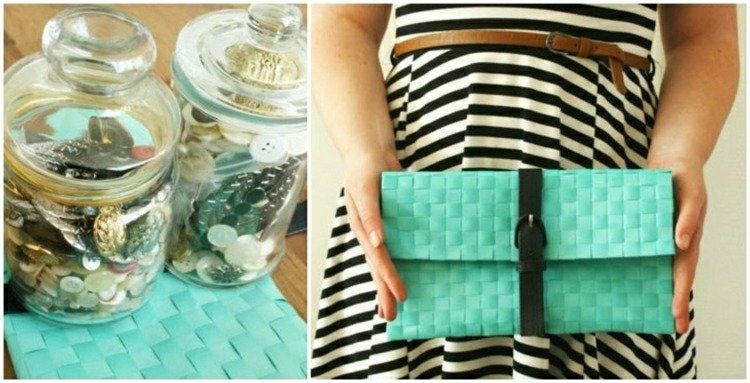 drotár-tkanina-bez-šitia-spojková taška-zelené-prestieranie-pletené-čierne-opasok-skladacie lepidlo