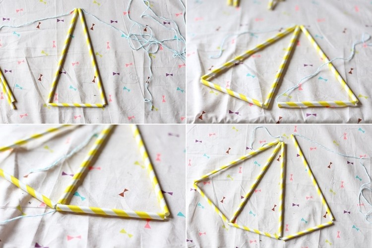 kutilstvo Himmeli geometrické obrazce v tvare diamantu žlté biele ružové pruhy niť závit niť hore