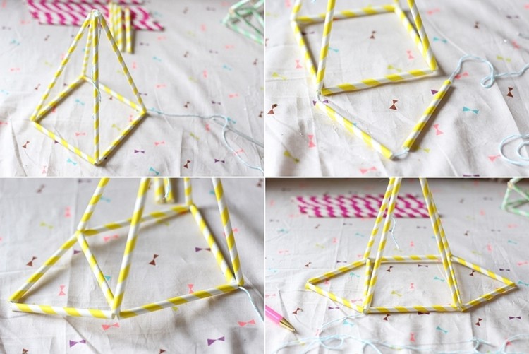 kutilstvo Himmeli geometrické obrazce v tvare kosoštvorca žltá biela ružová prúžky navliekanie nite niťou tvar krok za krokom