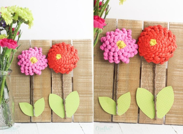 Vytvorte kvety zo šišiek a vetvičiek a prilepte ich na dosku