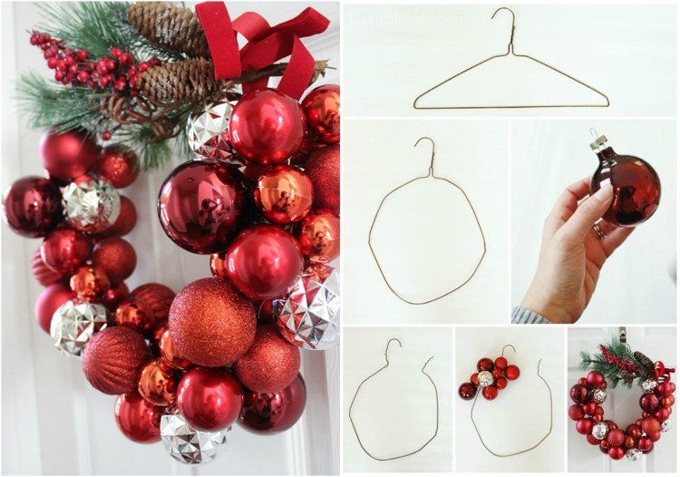 Ohnite vešiaky z drôtu a navlečte na ne červené vianočné gule Poháranie s vianočnými guľami nápady-dvere-veniec-vešiaky-drôt-návod-urob si sám-návod
