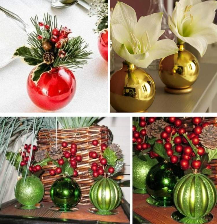 Mini vázy vyrobené z vianočných gúľ Ručné práce s nápadmi na vianočné gule-mini-vázy-dekorácia stola-podložka