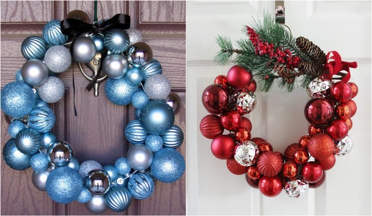 Veniec do dverí vyrobený z vianočných gúľ a drôtených vešiakov na šaty Ručné práce s nápadmi na vianočné gule-venček na dvere-modro-červeno-strieborný
