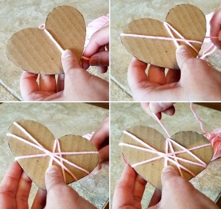 Ručné práce s vlnou Vystrihnite srdce z kartónu a zabaľte ho