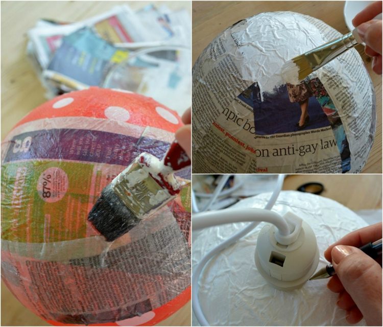 Tinker-novinový papier-lampa-tienidlo-návod-papier-mache-kefa-kábel-balón