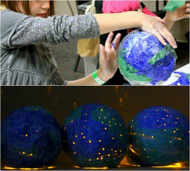 drotár-novinový papier-nočná lampa-glóbus-modrá-pasta-papier-mache-lepidlo