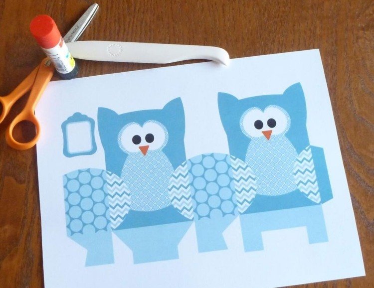 Šablóny ručných prác na jeseň-sova-baby-blue-box-darčeková krabička-skladacia-vystrihovacia šablóna