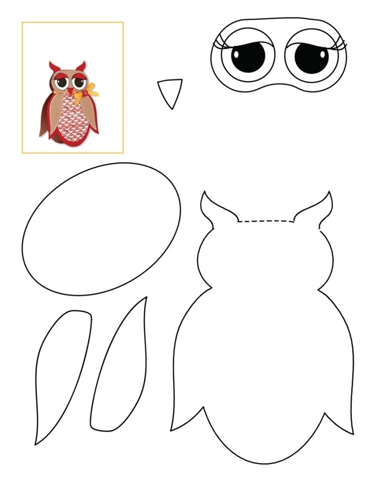 Remeselné-šablóny-jesenná-sova-karta-kreatívne-nápady-vystrihnutie-farebná tlač-farebný papier