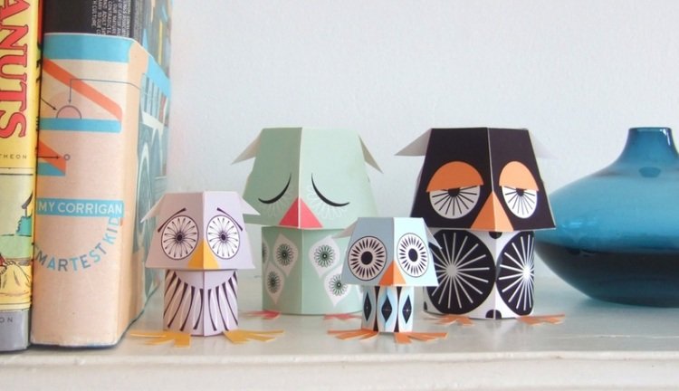 Šablóny ručných prác na jeseň-sova-drotár-papier-skladacie-figúrky-vtipné-farebné-vzory