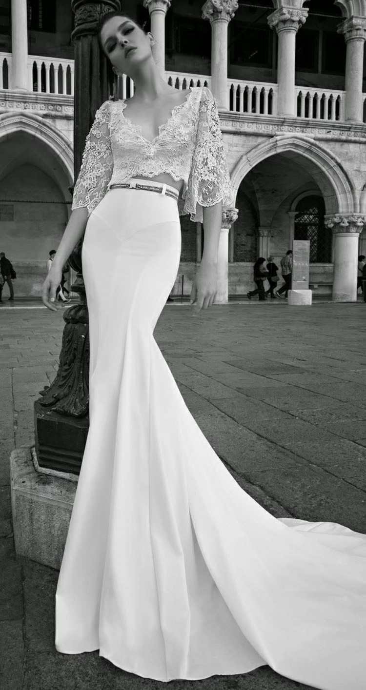 Dvojdielny nápad na oblečenie-sukňa morskej panny a čipkovaný top s polovičnými širokými rukávmi ostrihané outfity svadobná morská panna sukňa vlečka top s čipkou s dlhým rukávom