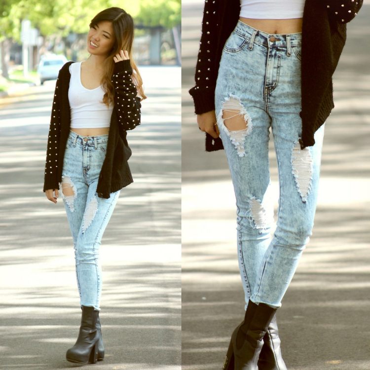 džínsy použité vzhľad crop topy biela bunda čižmy