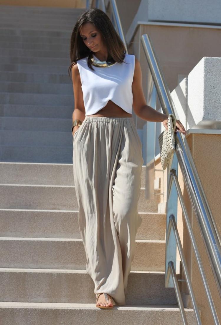 nohavice voľné béžová ostrihané elegantný top nápad dámska móda