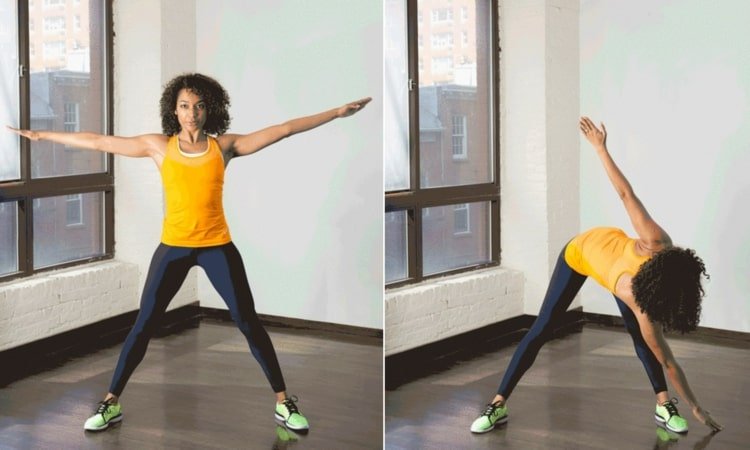 Brušný tréning v stoji bez náčinia - pokrčte trup a dotknite sa zeme