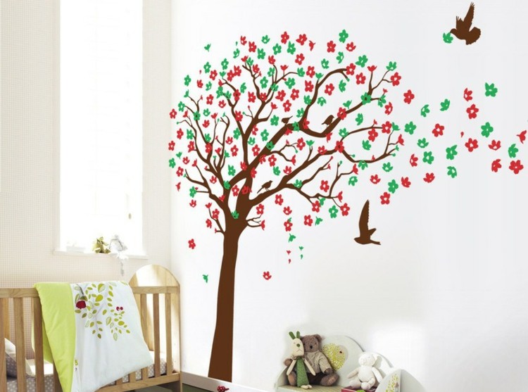 nálepka na stenu stromu škôlka vtáky vietor kvety detská kolíska
