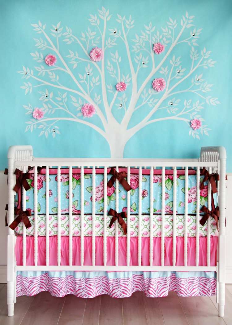 obtisky na stenu strom detská izba biely kmeň 3d efekt kvety papier ružová