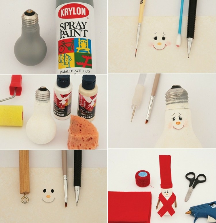 ozdoby na stromček-vianoce-žiarovky-návod-snehuliak-šál-plsť-kefa