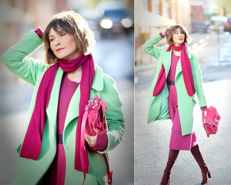 šaty šatka bobuľové tóny kombinujú mätovo zelený zimný outfit