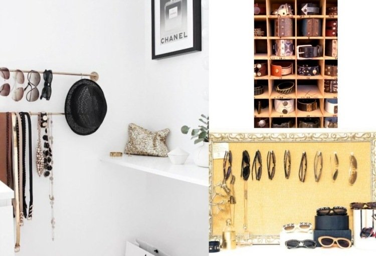šikovné kreatívne riešenia na ukladanie príslušenstva vstavaná-vlastná-prechádzka-do-skrine-organizér-okuliare-opasok-klobúk-šperky