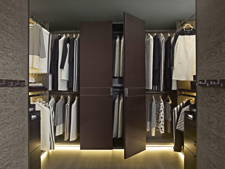 rôzne priehradky a priehradky pre optimálnu organizáciu v skrini systém šatník-šatník-moderné-nepriame-osvetlenie-tmavá-optika-poriadok