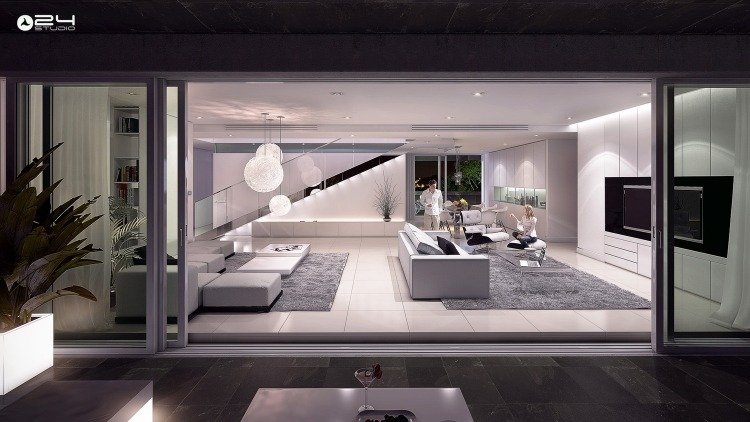 biela a sivá dominujú tejto otvorenej obývačke zariadenie obývačky-otvorený-koncept-bielo-sivá