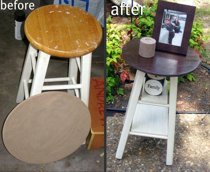 Vyrobte si odkladací stolík zo starej stoličky stolný stolík z dreva, nápad na fotografický dizajn
