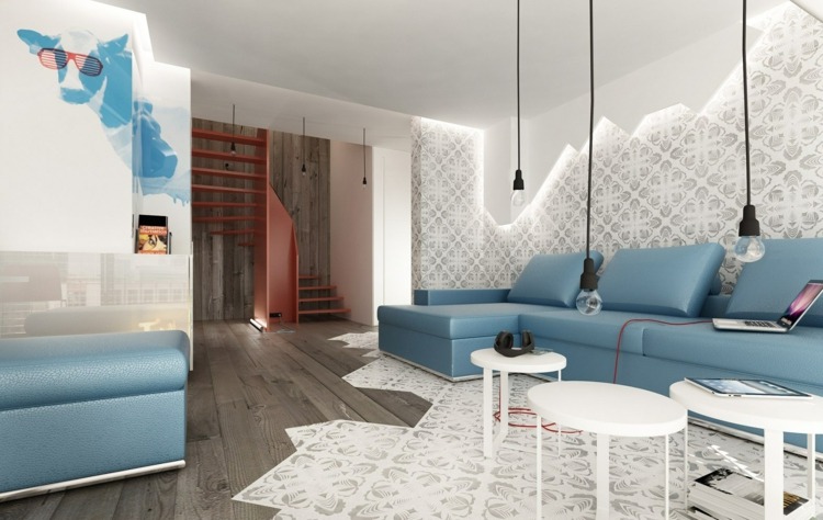 osvetlenie obývačky modrá stena nábytok abstrakt