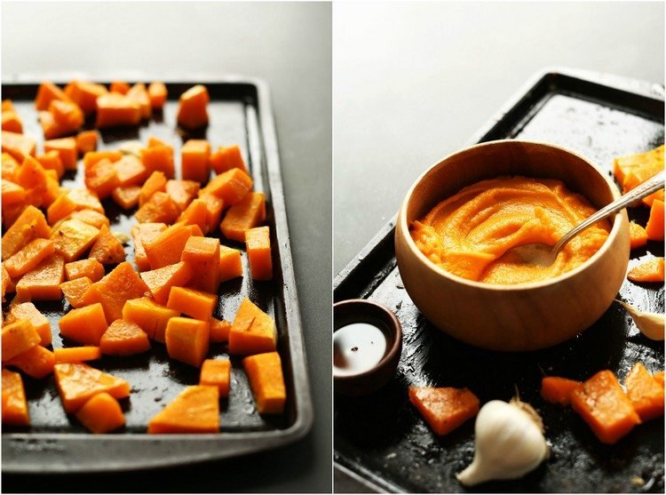 Tekvicové recepty tekvicovo-kockové-pečené-v rúre-pyré-omáčka