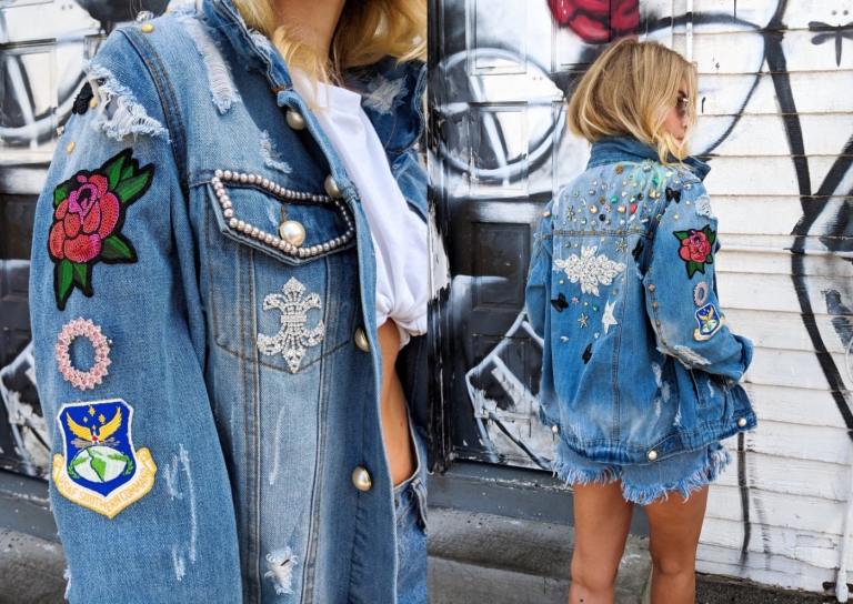 maľované riflové bundy ruže kamienky nápady patchwork