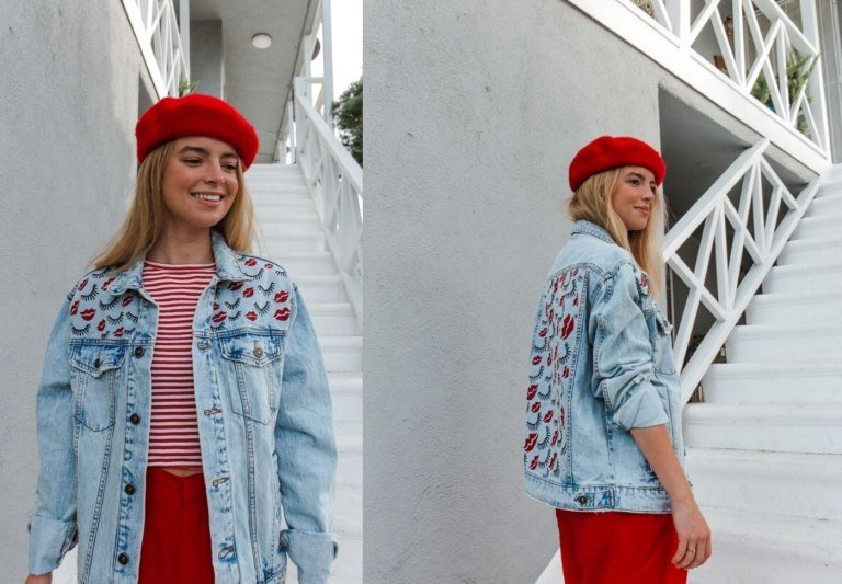 maľované džínsové bundy DIY sami robiť nápady bozky červená