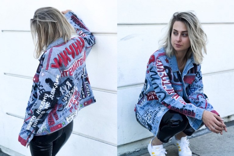 maľované riflové bundy grafiti kožené nohavice tenisky outfit