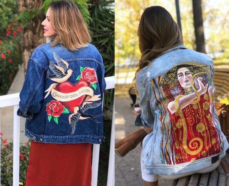 maľovaná rifľová bunda exotické motívy láska srdcia vtáky žena had