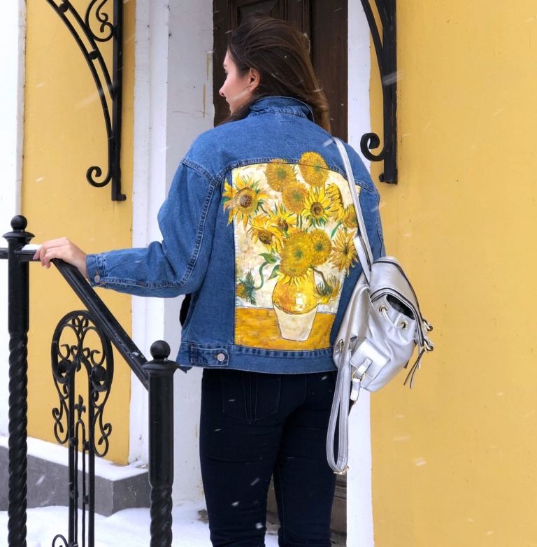 maľované džínsové bundy nápady na maľovanie slnečnice