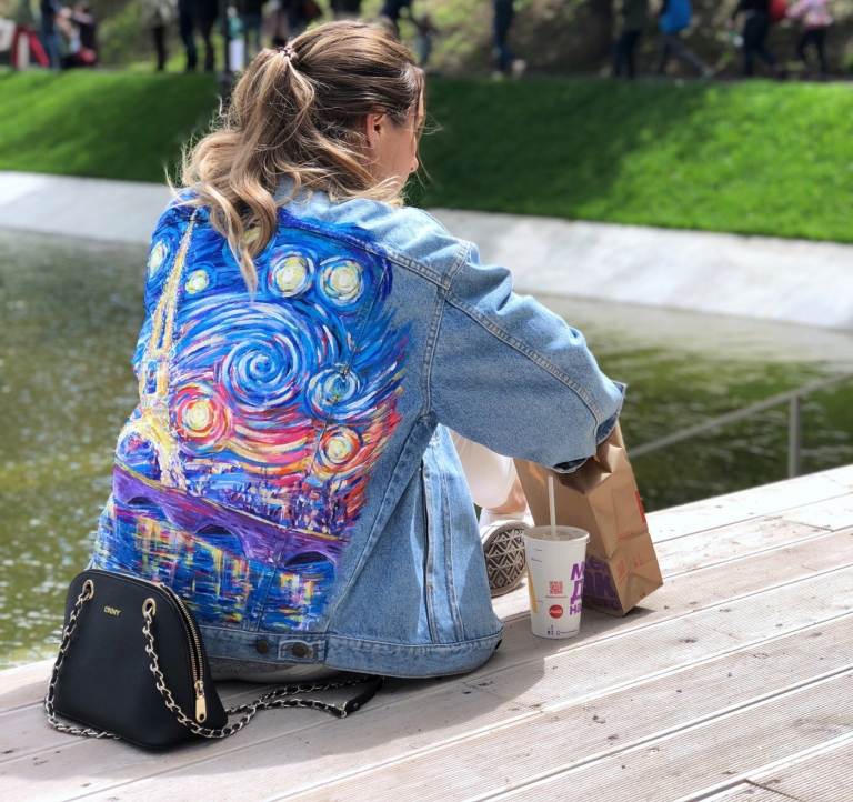 maľované riflové bundy obrázky most západ slnka