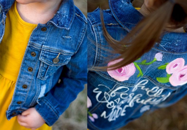 maľované rifľové bundy pre deti s nápisom ružové ruže