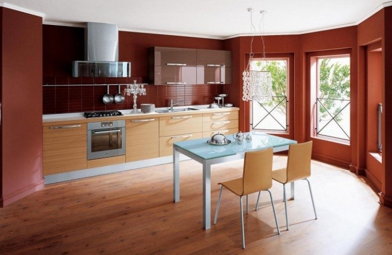 Najlepšia farba-kuchyňa-magnólia-vysoký-lesk-nástenná-skriňa-dub-základná-skriňa-terakotta-stena