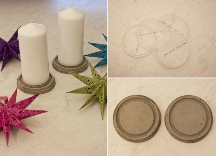 Betónová dekorácia Vianočné tanierové sviečky zdobia plastový vrchnák
