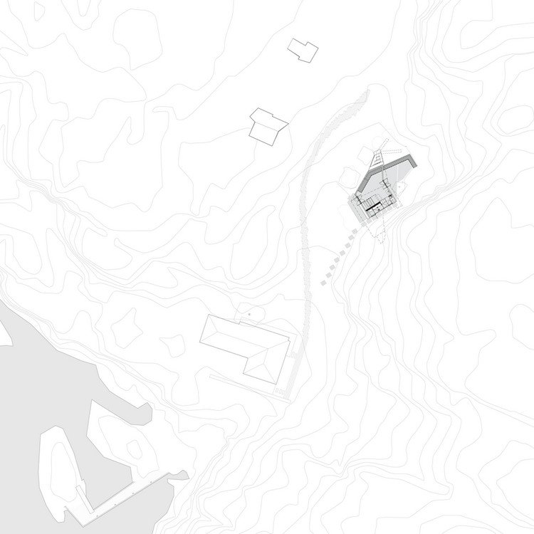 Plán a terén architektúry chaty betón-sklenený-prázdninový dom-architektúra-plán-okolie