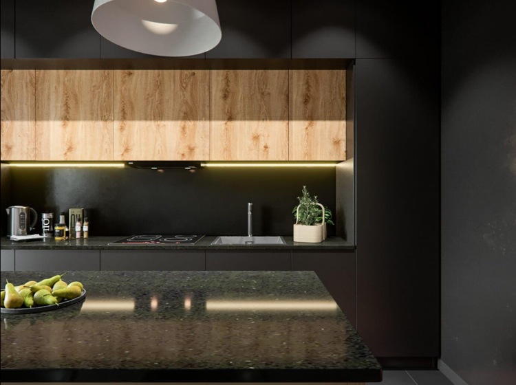minimalistická kuchyňa v antracitovom a drevenom prevedení s LED osvetlením betón-drevo-elegantné-otvorené-kuchyne-nepriame-osvetlenie-led-teplé