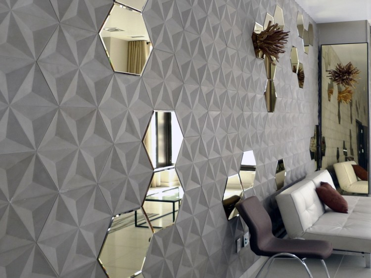 Betónová škridla pre vnútornú stenu-šesťhranná-3d-zrkadlová-kombinácia