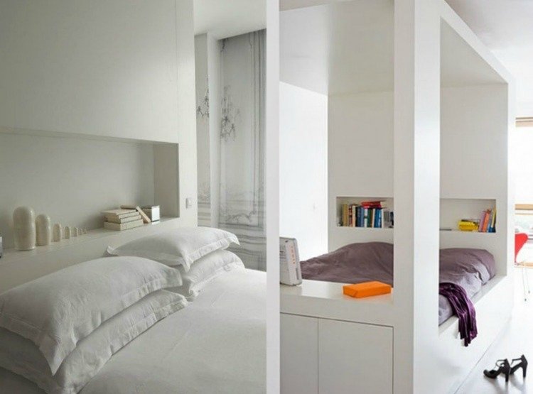 Spálňa v bielej farbe s murovanou posteľou polica-policka-ulozny-priestor-policka-biele-tehly-minimalisticke