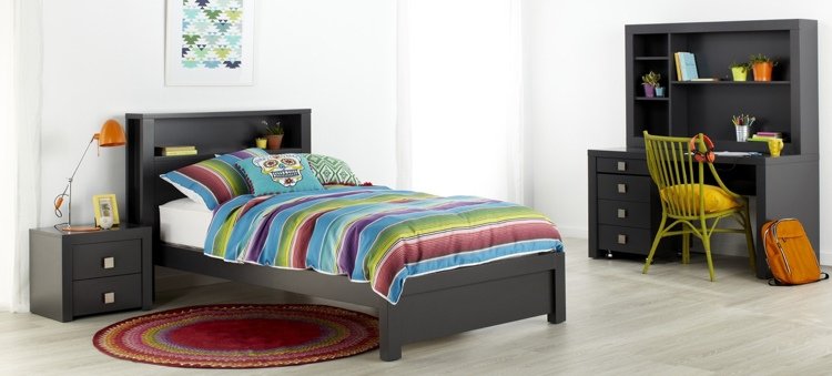 Posteľ s policovým čelom do detskej izby pre chlapcov polica-policka-ulozenie-ulozenie-izba-pre-deti-siva-nabytok-set