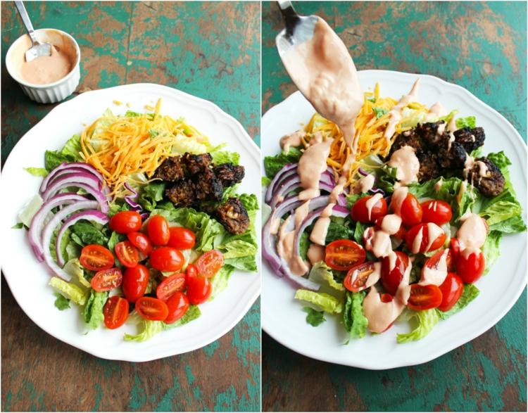 Šalát s mletým mäsom a zeleninou s lahodnou omáčkou big-mac-šalát-cherry-paradajky-cibuľa-gouda-strúhaný-mletý-mäso-vyprážaný-dresing